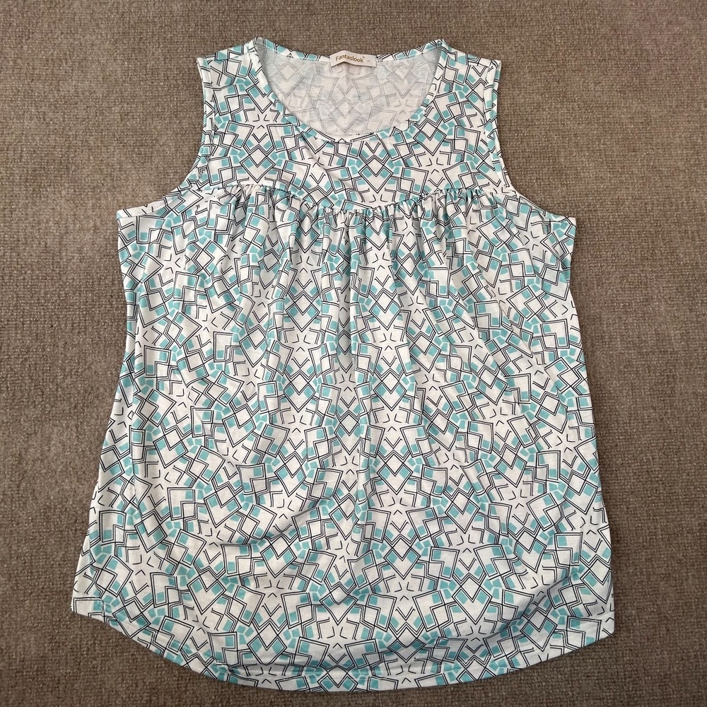 Fantaslook Tunic Tank Top Womens L White Teal Geometric Pleated Front Curved Hem